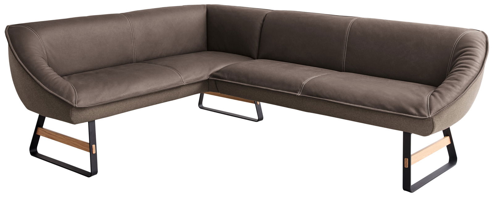 Koinor Eckbank SOFTY Eckbank Koinor SOFTY in braunem Leder, moderne L-Form mit Metall- und Holzelementen, seitliche Perspektive