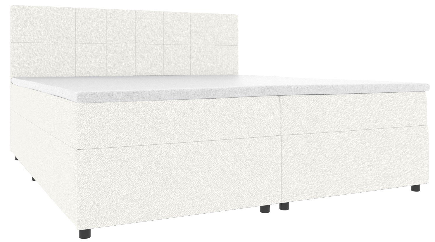 Wit boxspringbed met een gestoffeerd, vierkant doorgestikt hoofdeinde en een zwart onderstel, zijaanzicht in licht perspectief vanaf linksvoor