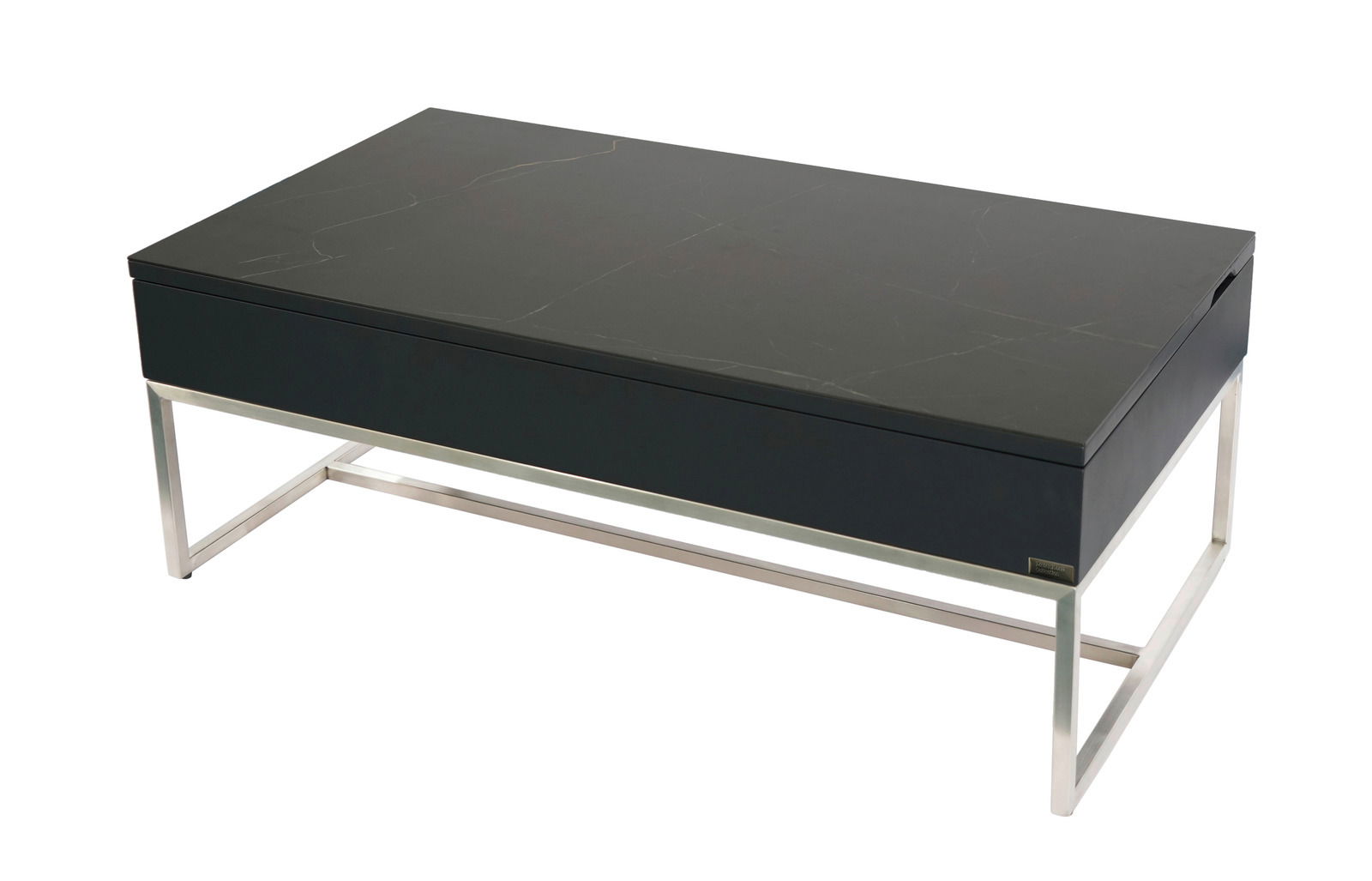 Moderner Couchtisch mit schwarzer Tischplatte und silbernem Metallgestell, seitliche Perspektive