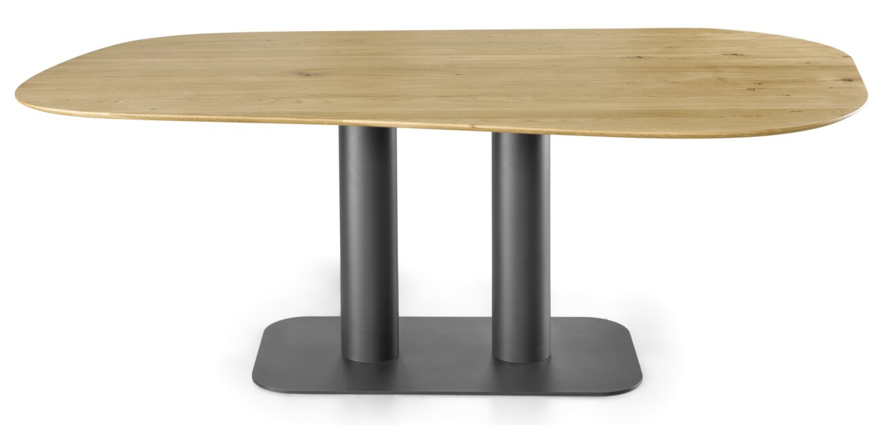Moderner Esstisch aus Holz mit ovaler Tischplatte und zwei stabilen, schwarzen Metallbeinen, seitliche Perspektive