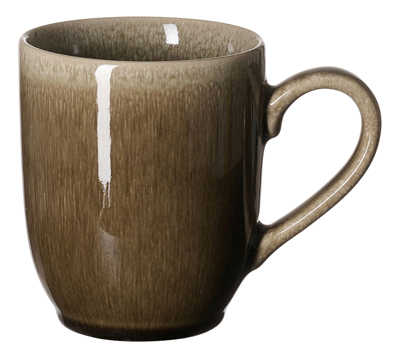 Brauner Keramikbecher mit Henkel, seitliche Perspektive