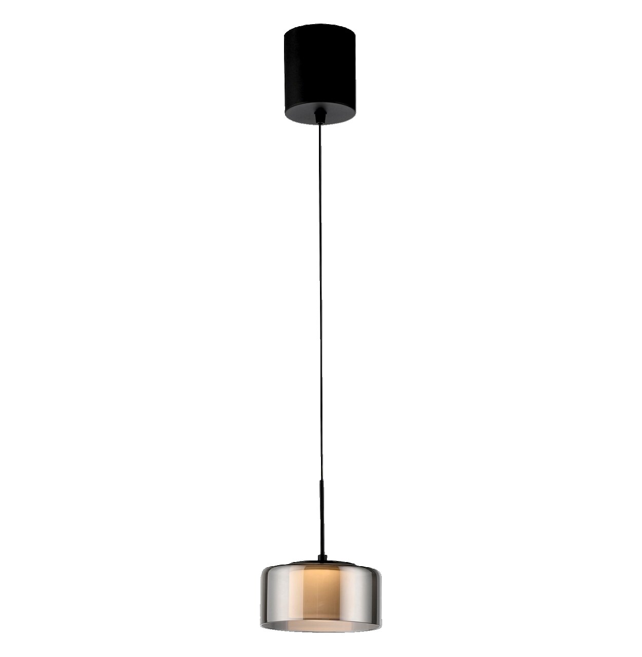 Moderne Pendelleuchte RIKA von Paul Neuhaus in seitlicher Perspektive, mit schwarzem Kabel und zylindrischem Lampenschirm.