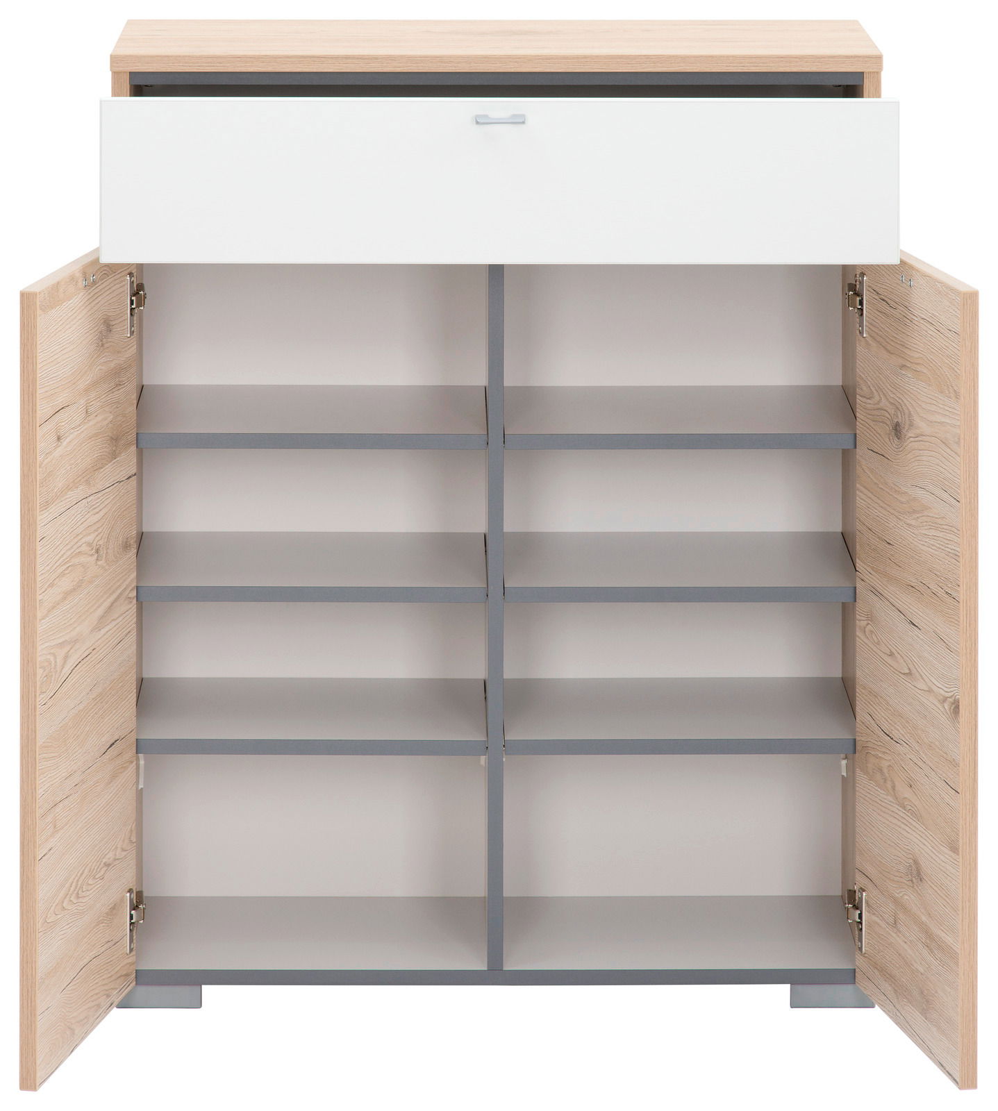 Schuhschrank aus Holz mit offenen Türen und Schublade, frontale Ansicht