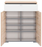 Schuhschrank aus Holz mit offenen Türen und Schublade, frontale Ansicht