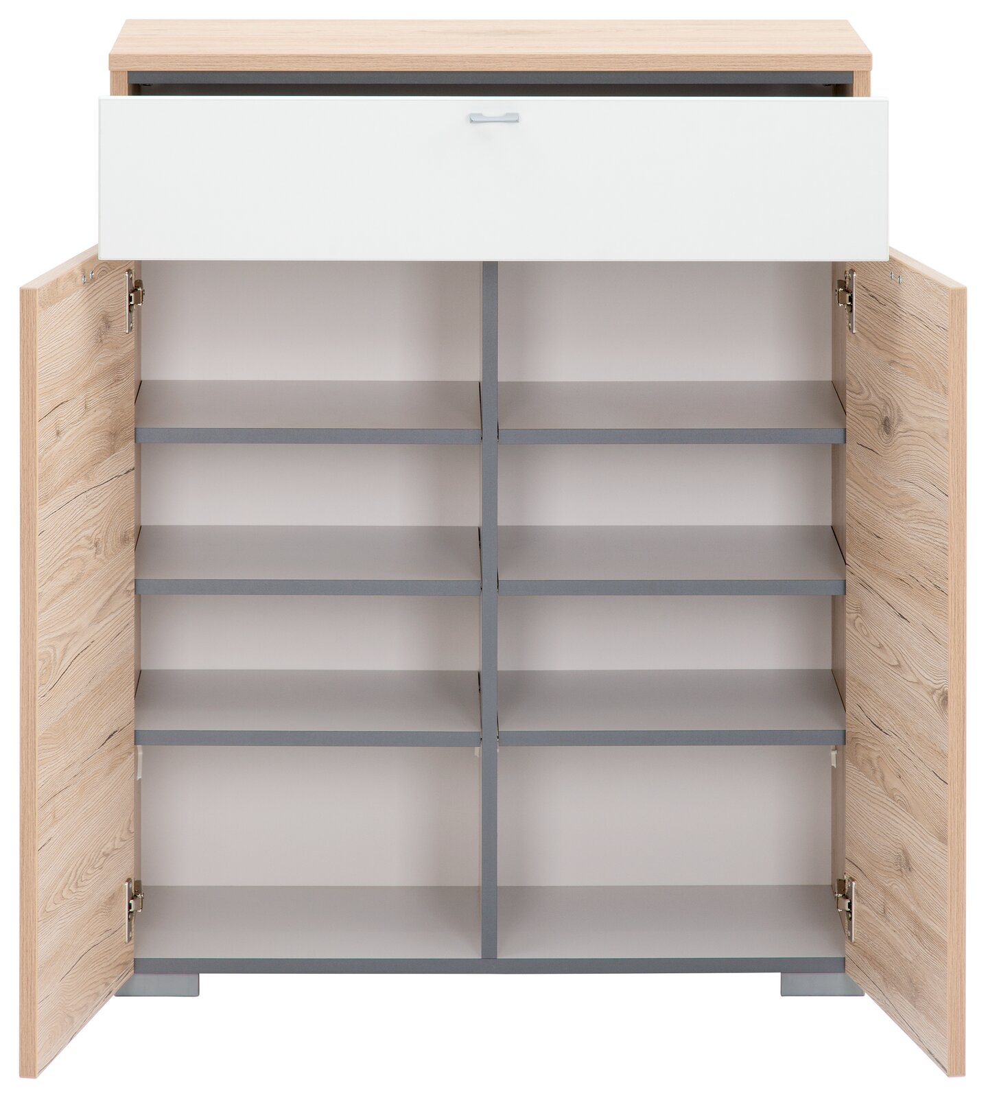 Moderano Schuhschrank BASIC Schuhschrank aus Holz mit offenen Türen und Schublade, frontale Ansicht