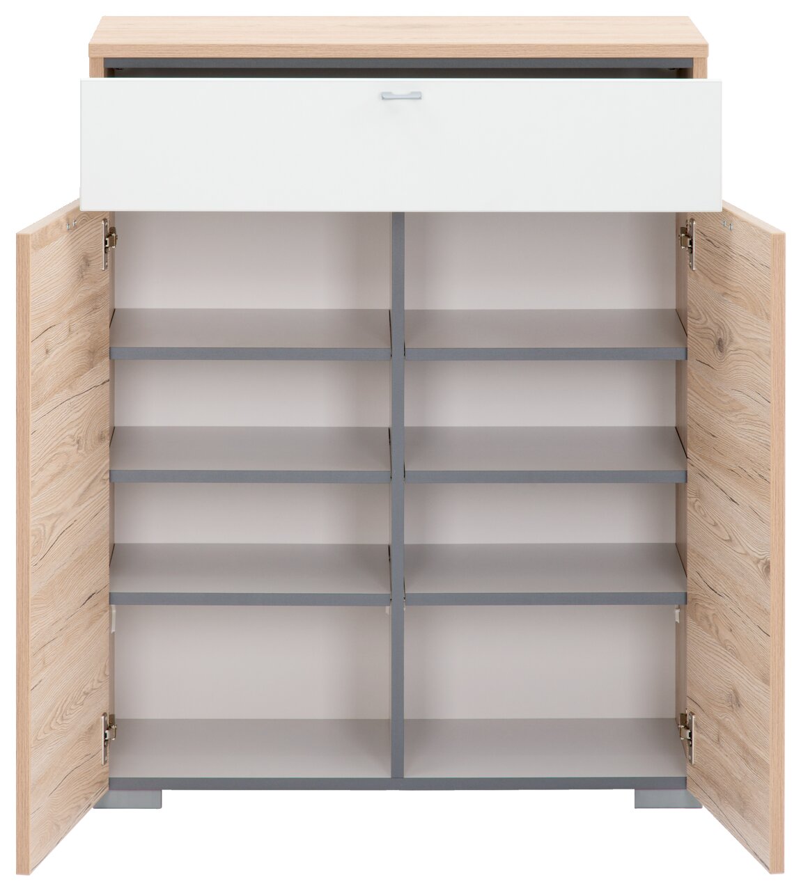 Schuhschrank aus Holz mit offenen Türen und Schublade, frontale Ansicht