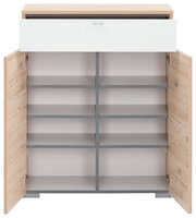 Schuhschrank aus Holz mit offenen Türen und Schublade, frontale Ansicht