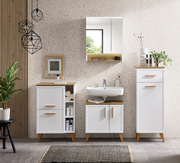 Moderner Badezimmer-Unterschrank in Weiß mit Holzdetails, frontal abgebildet, Teil eines stilvollen Badmöbel-Sets.