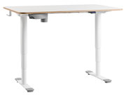 Moderner höhenverstellbarer E-Schreibtisch in seitlicher Perspektive mit weißer Tischplatte und stabilen weißen Beinen.