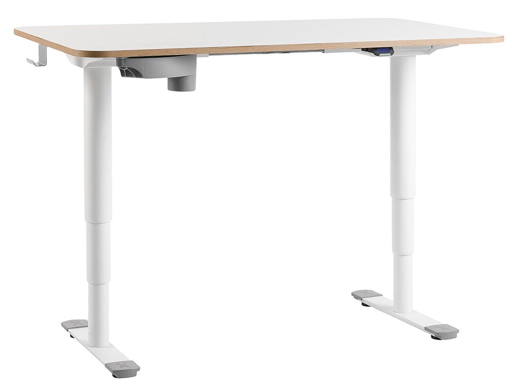 Moderner höhenverstellbarer E-Schreibtisch in seitlicher Perspektive mit weißer Tischplatte und stabilen weißen Beinen.
