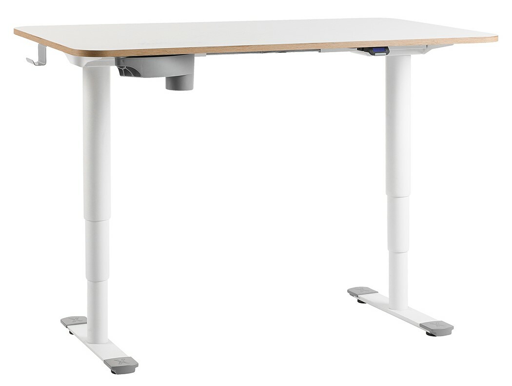 Moderner höhenverstellbarer E-Schreibtisch in seitlicher Perspektive mit weißer Tischplatte und stabilen weißen Beinen.