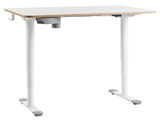 Moderner höhenverstellbarer E-Schreibtisch in seitlicher Perspektive mit weißer Tischplatte und stabilen weißen Beinen.