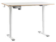 Moderner höhenverstellbarer E-Schreibtisch in seitlicher Perspektive mit weißer Tischplatte und stabilen weißen Beinen.