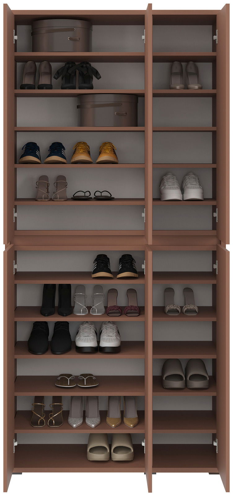 Vorderansicht eines XXL-Schuh- und Mehrzweckschranks mit offenen Türen, gefüllt mit verschiedenen Schuhen und Aufbewahrungsboxen.