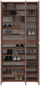 Vorderansicht eines XXL-Schuh- und Mehrzweckschranks mit offenen Türen, gefüllt mit verschiedenen Schuhen und Aufbewahrungsboxen.