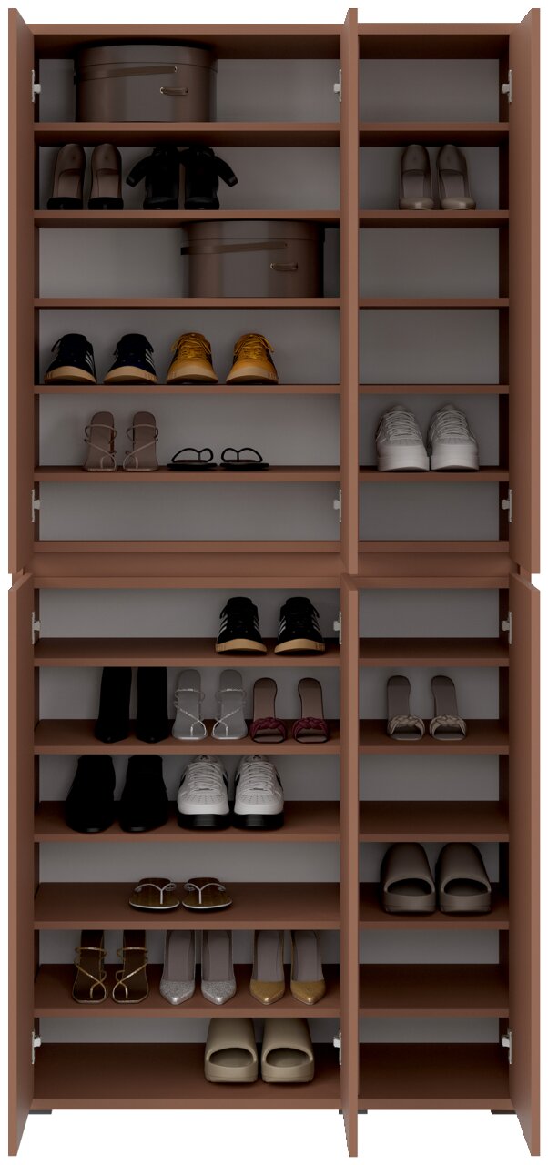 Vooraanzicht van een XXL-schoenen- en multifunctionele kast met open deuren, gevuld met diverse schoenen en opbergdozen.