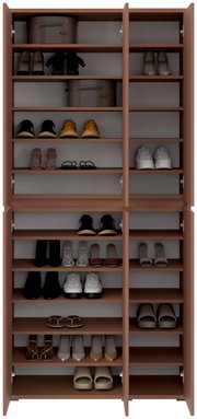 Vooraanzicht van een XXL-schoenen- en multifunctionele kast met open deuren, gevuld met diverse schoenen en opbergdozen.