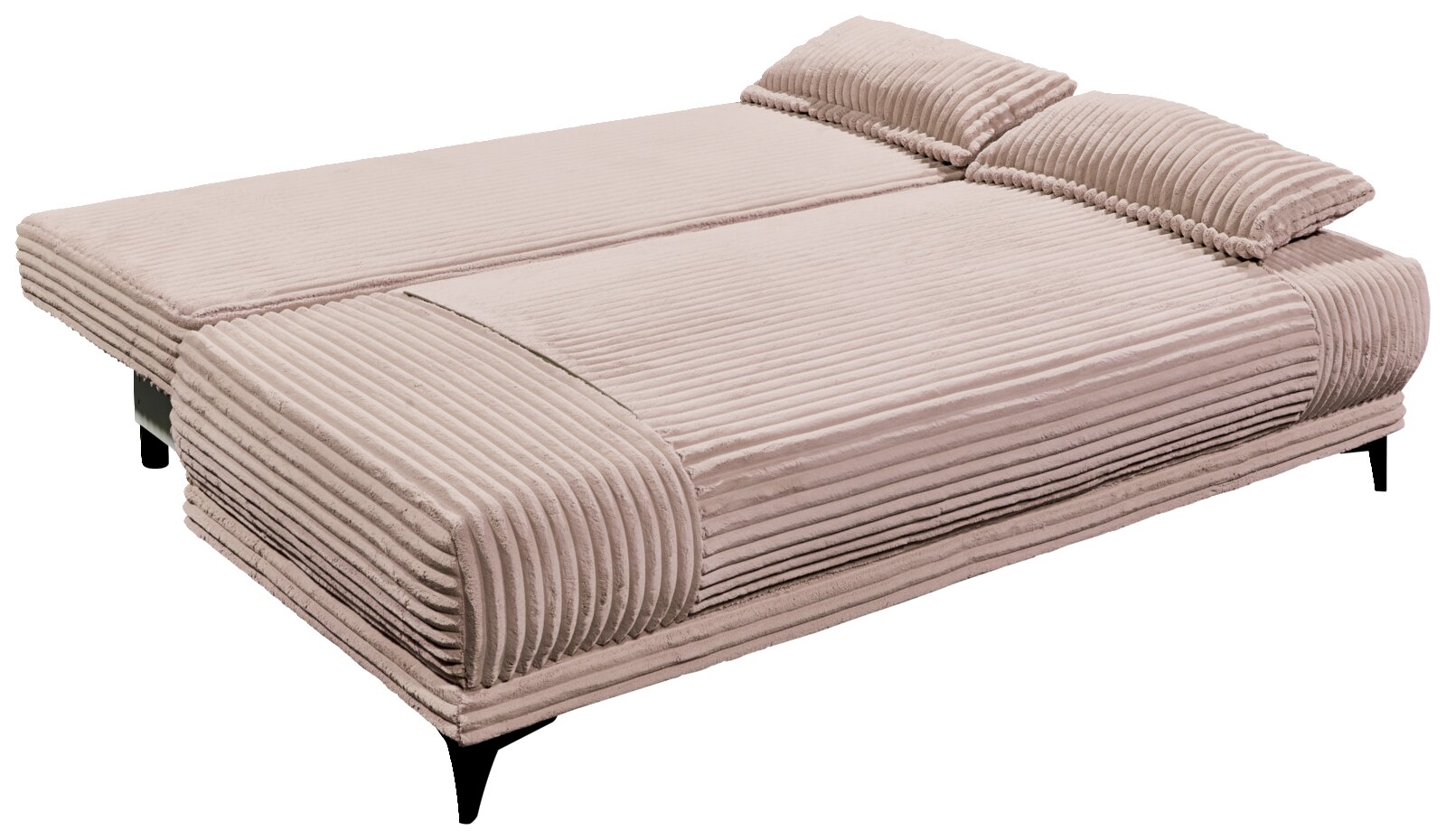 Funktionssofa in beige mit geripptem Stoffbezug, von schräg oben fotografiert