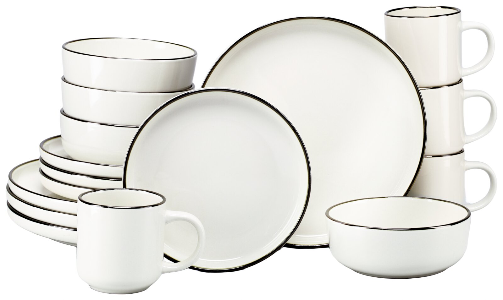 Creatable Kombiservice 16-tlg NORDIC FESTIVE Weißes Keramik-Geschirrset mit schwarzem Rand: Teller, Schalen und Tassen auf weißem Hintergrund, Frontansicht leicht schräg von vorn