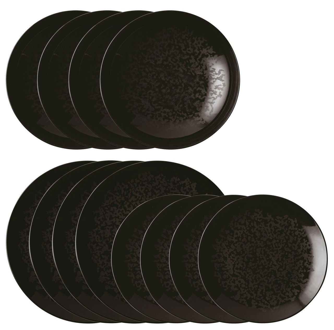 Tellerset Eclipse Night 12-tlg, schwarze Teller mit dekorativem Muster, Draufsicht
