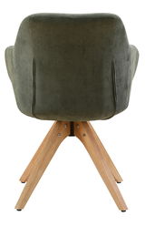 Rückansicht eines Armlehnstuhls mit grünem Stoffbezug und Holzbeinen