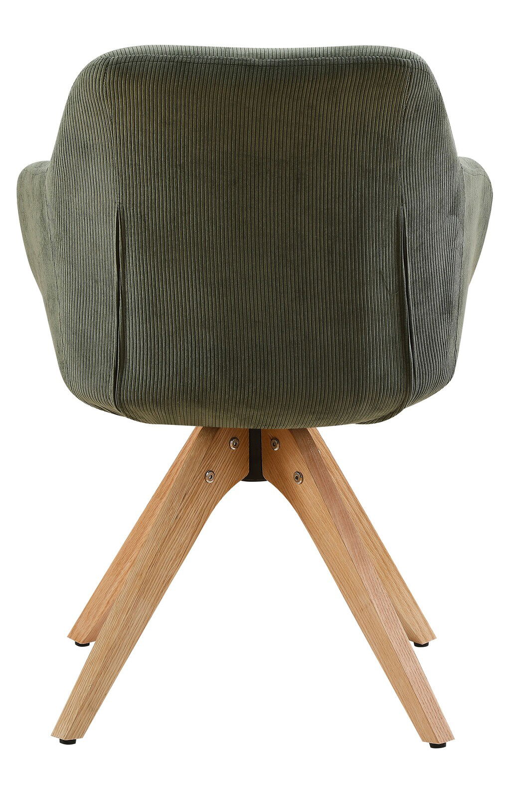 Z2 Armlehnstuhl CHARLY Rückansicht eines Armlehnstuhls mit grünem Stoffbezug und Holzbeinen
