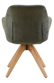 Rückansicht eines Armlehnstuhls mit grünem Stoffbezug und Holzbeinen