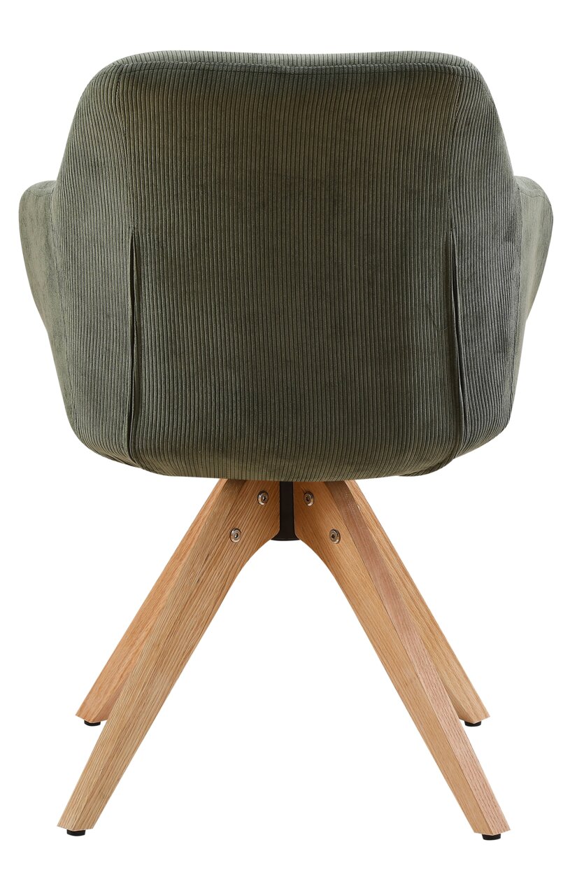 Rückansicht eines Armlehnstuhls mit grünem Stoffbezug und Holzbeinen