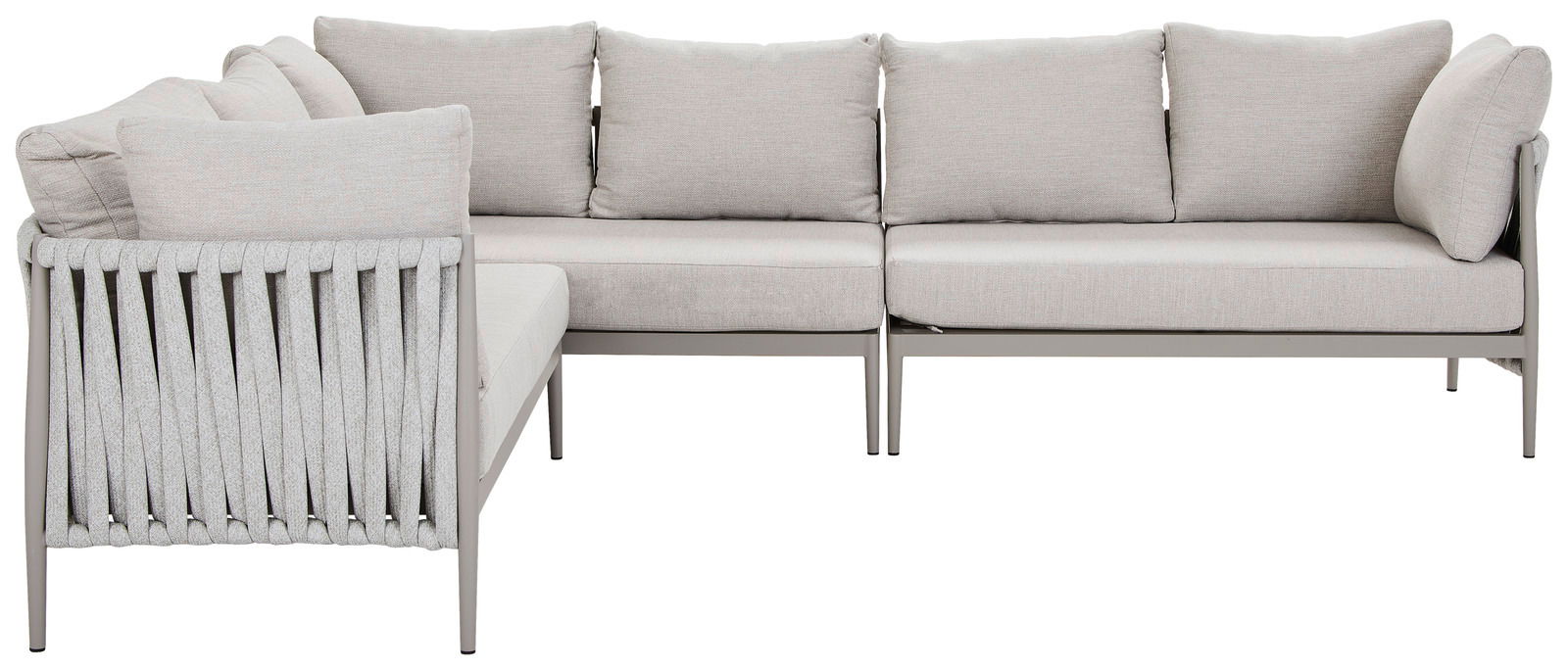 L-förmige Loungegarnitur in hellem Grau, seitliche Perspektive