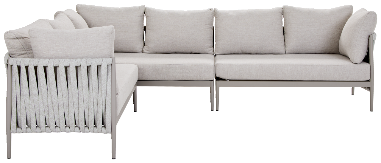 L-förmige Loungegarnitur in hellem Grau, seitliche Perspektive