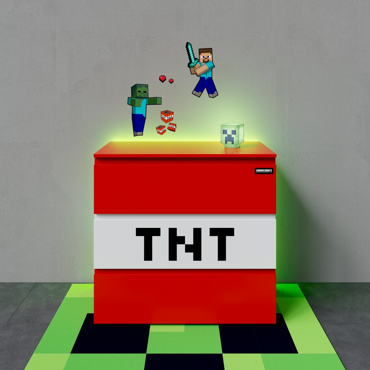 Zurbrüggen Ladekast MINECRAFT Op Minecraft geïnspireerde TNT-doos als decoratie- of opbergdoos in rood-wit met groot „TNT“-opschrift, bovenaan met zwevende pixelpersonages (Steve, zombie) en een Creeper-hoofd, vooraanzicht vanuit een licht verhoogd perspectief voor een grijze muur op