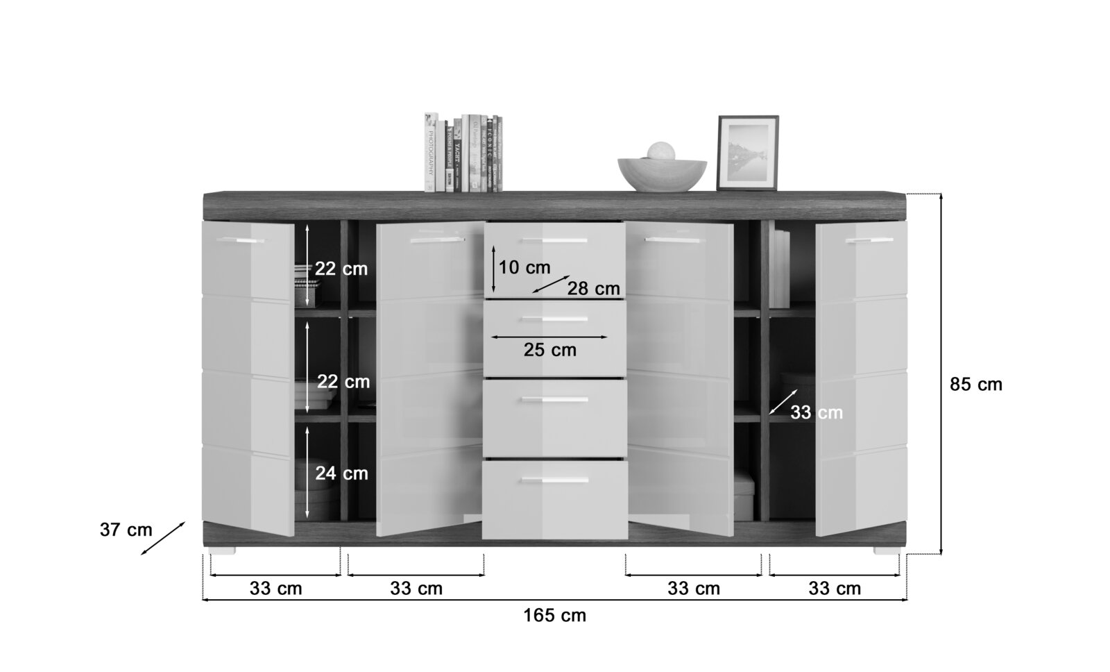 Modernes Sideboard/Kommode in Grau mit Holzoptik-Deckplatte, geöffneten Türen und mittleren Schubladen, Maßangaben (165 x 85 x 37 cm) sichtbar, Frontansicht.