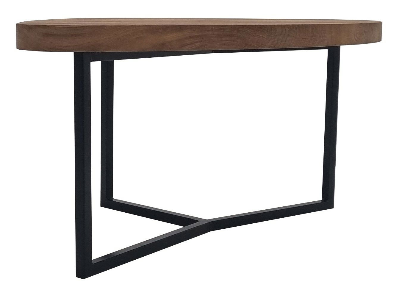 Moderner Couchtisch mit ovaler Holzplatte und schwarzem Metallgestell, seitliche Perspektive