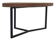 Moderner Couchtisch mit ovaler Holzplatte und schwarzem Metallgestell, seitliche Perspektive