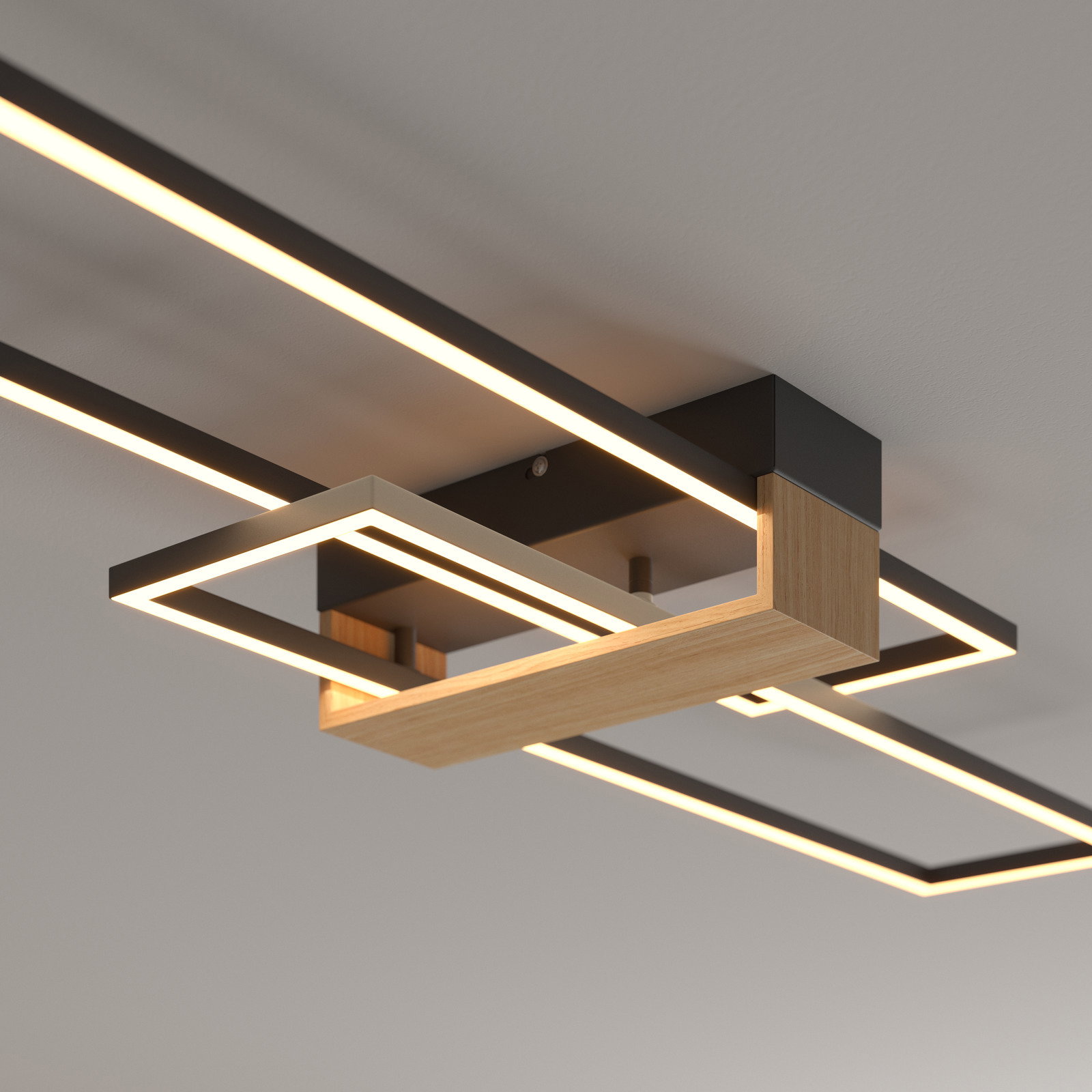 Moderne LED-Deckenleuchte mit rechteckigem Design in Holzoptik und schwarzem Metall, seitliche Perspektive