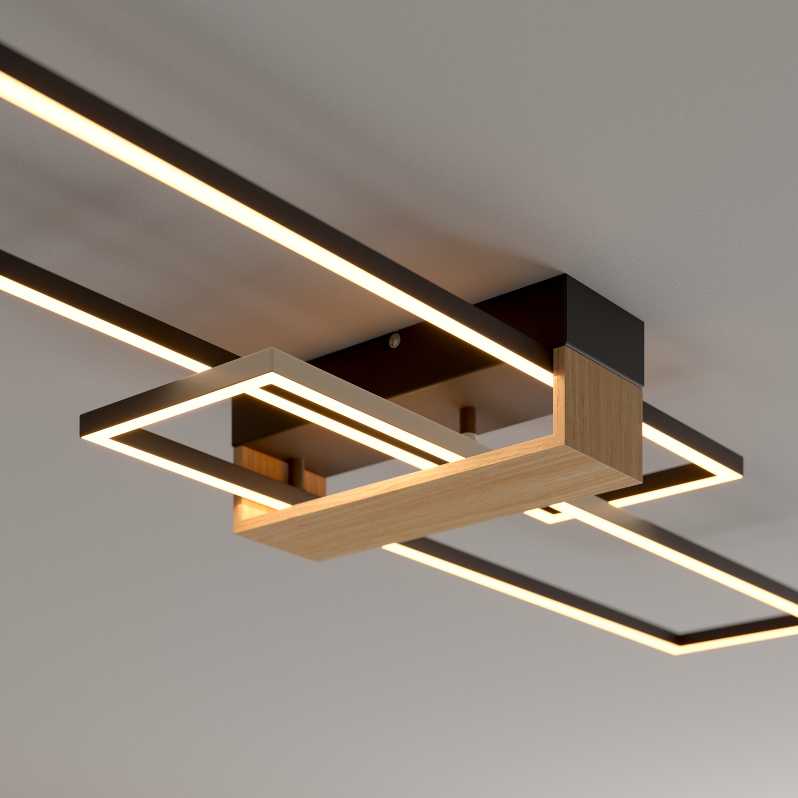 Moderne LED-Deckenleuchte mit rechteckigem Design in Holzoptik und schwarzem Metall, seitliche Perspektive