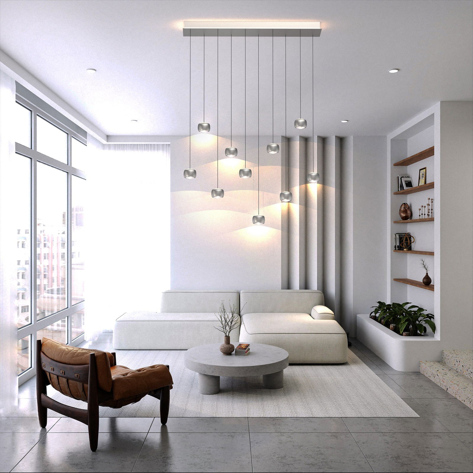 Geeti LED-Pendelleuchte QUIBERON Moderne LED-Pendelleuchte in einem stilvollen Wohnzimmer, von der Decke hängend, mit mehreren Leuchtkörpern in einer eleganten Anordnung.