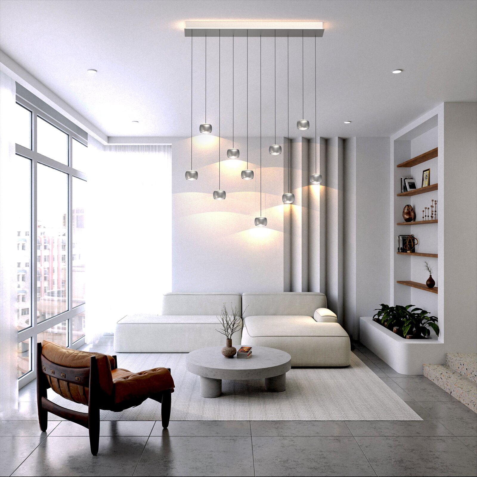 Moderne LED-hanglamp in een stijlvolle woonkamer, hangend aan het plafond, met meerdere lampen in een elegante opstelling.