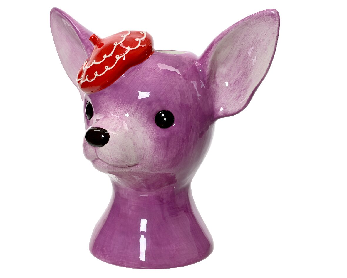 Lila Vase in Form eines Hundekopfes mit großen Ohren und rotem Hut, seitliche Perspektive
