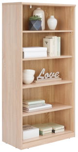 Holzregal mit fünf Ebenen, dekoriert mit Büchern, Vasen und Dekorationsartikeln, seitliche Perspektive