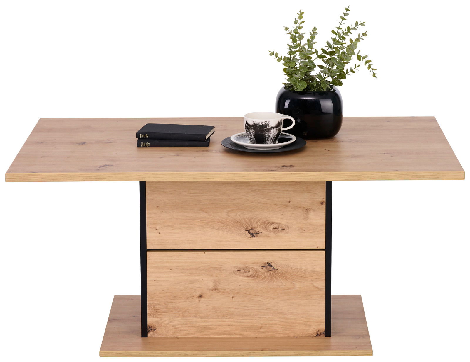 Moderner Couchtisch aus Holz mit schwarzem Akzent, dekoriert mit einer Pflanze, Tasse und Büchern, Frontalansicht.