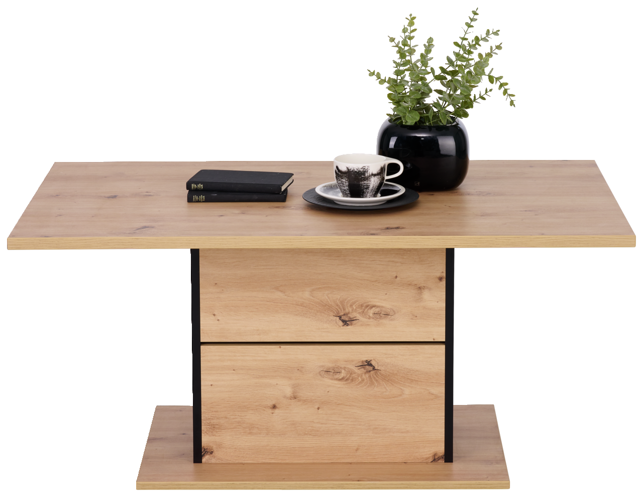 Moderner Couchtisch aus Holz mit schwarzem Akzent, dekoriert mit einer Pflanze, Tasse und Büchern, Frontalansicht.