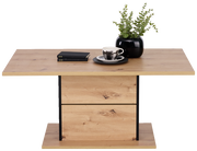 Moderner Couchtisch aus Holz mit schwarzem Akzent, dekoriert mit einer Pflanze, Tasse und Büchern, Frontalansicht.