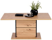 Moderner Couchtisch aus Holz mit schwarzem Akzent, dekoriert mit einer Pflanze, Tasse und Büchern, Frontalansicht.