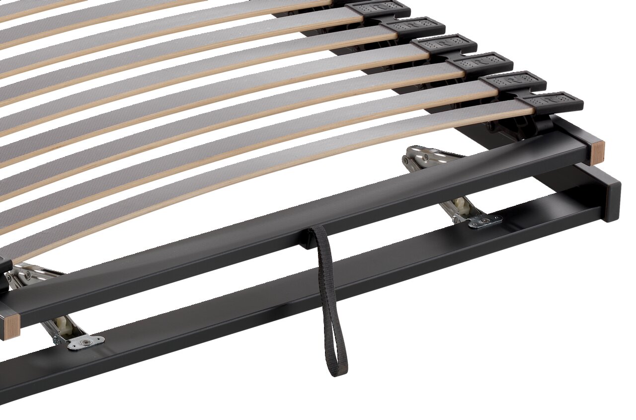 Federholzrahmen Fit KF aus seitlicher Perspektive mit verstellbaren Leisten und stabiler Metallkonstruktion.