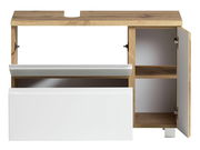 Waschbeckenunterschrank aus Holz mit weißer Front, offene Tür und Schublade, Frontalansicht