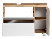 Waschbeckenunterschrank aus Holz mit weißer Front, offene Tür und Schublade, Frontalansicht