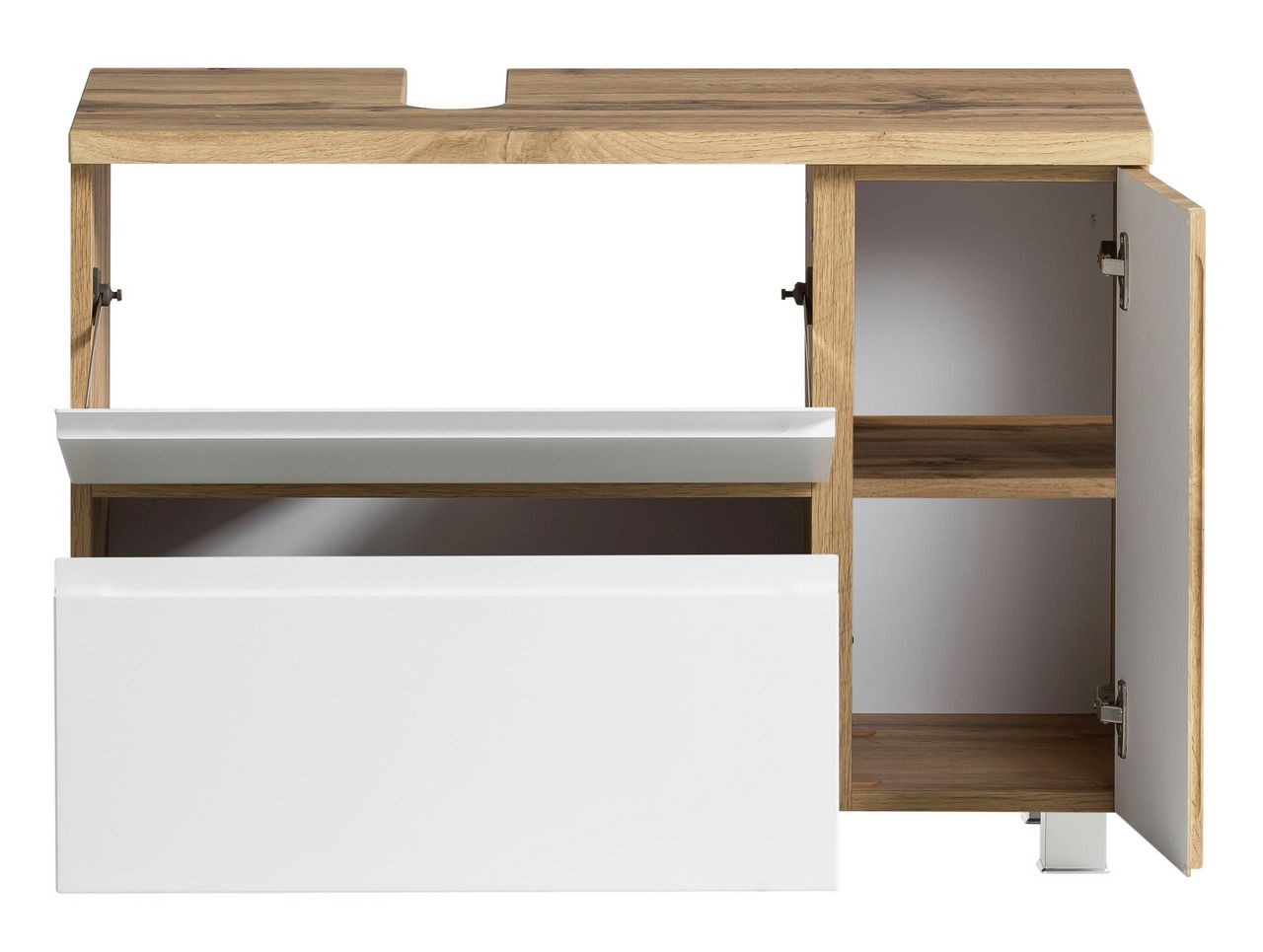 Waschbeckenunterschrank aus Holz mit weißer Front, offene Tür und Schublade, Frontalansicht