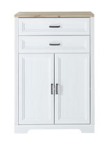 Weißer Kombischrank mit zwei Schubladen und zwei Türen, Holzoberfläche, Frontalansicht