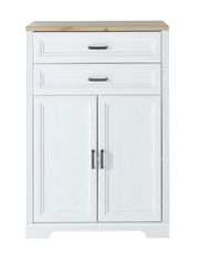 Weißer Kombischrank mit zwei Schubladen und zwei Türen, Holzoberfläche, Frontalansicht